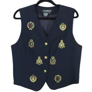 Vintage 90s Liz Claiborne Navy Blue Vest Gold Buttons Crest Embroidered WOOL 10
